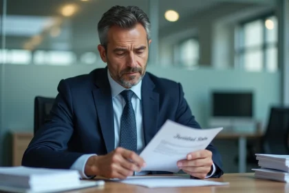 Administrateur de santé en costume bleu examine un document juridical