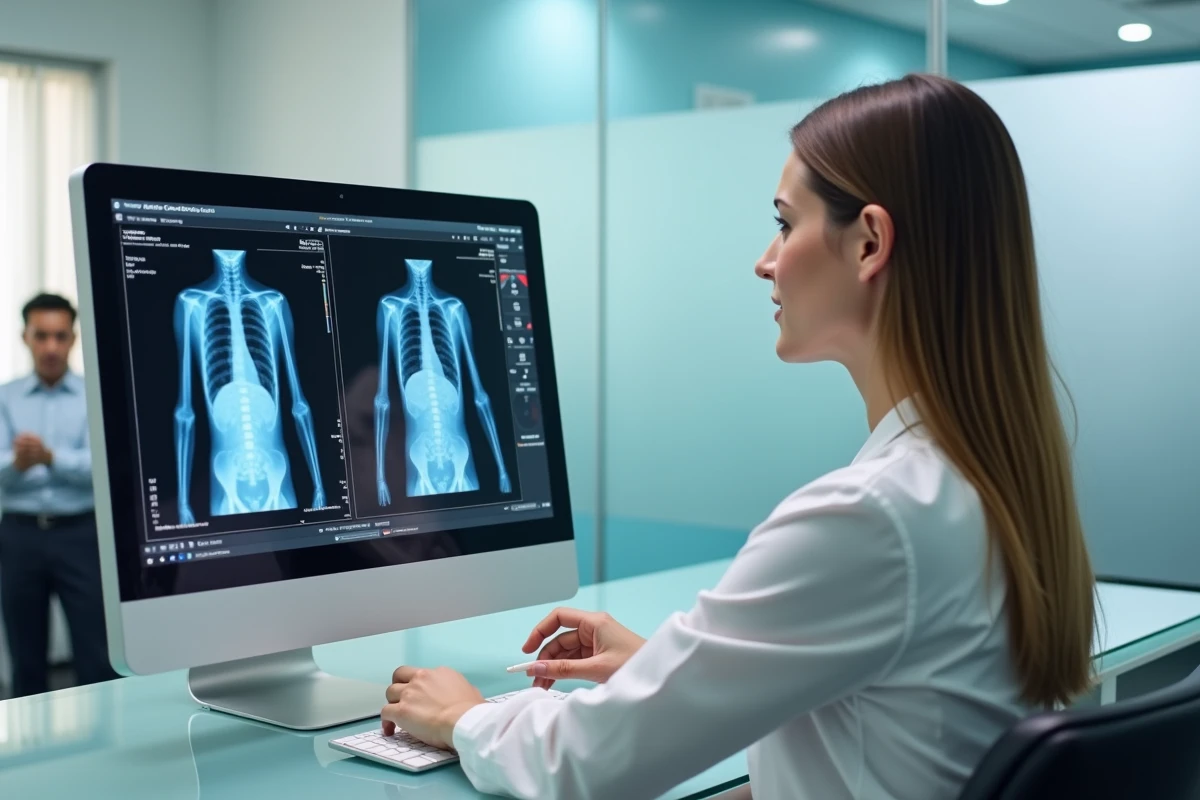 Réceptionniste médicale aidant un patient à lire ses résultats d'imagerie en ligne dans une clinique moderne