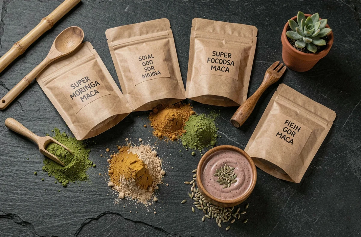 Sachets kraft de superaliments bio en poudre Amoseeds – spiruline, moringa, maca – avec poudres colorées sur ardoise sombre et bol smoothie, illustrant une gamme de superaliments bio complets.