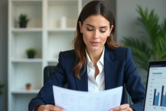 Femme professionnelle analysant des documents d'assurance ECA sur un bureau moderne