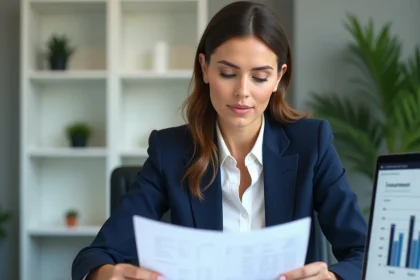 Femme professionnelle analysant des documents d'assurance ECA sur un bureau moderne