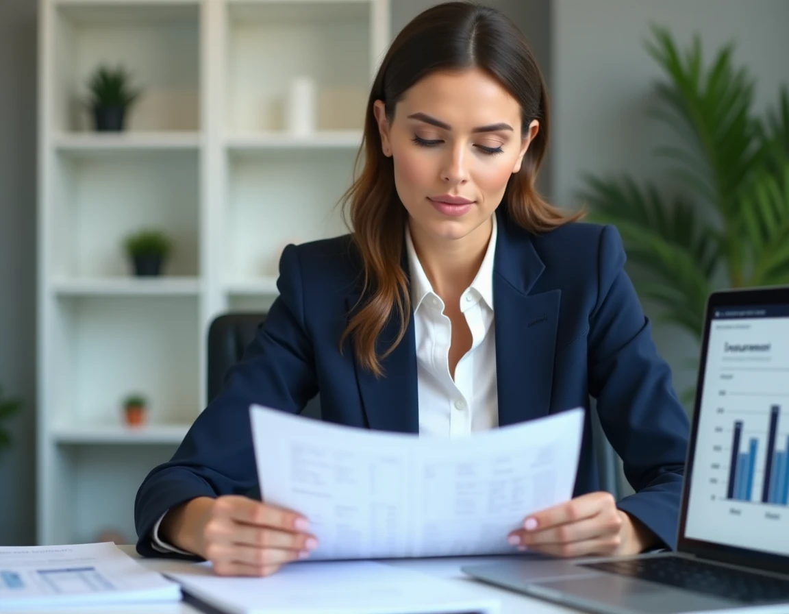 Femme professionnelle analysant des documents d'assurance ECA sur un bureau moderne