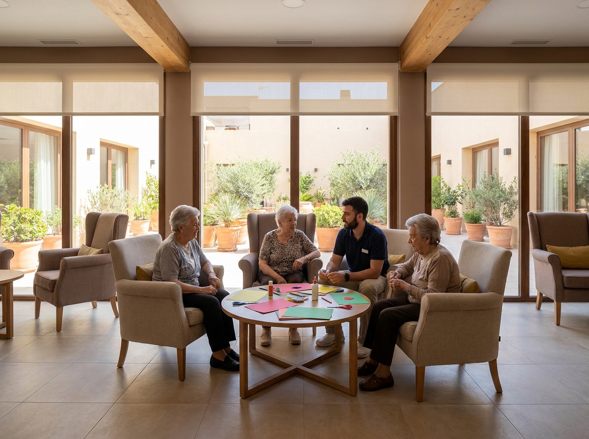 Animateur et résidents âgés participant à un atelier créatif dans le salon commun d'une maison de retraite LNA Santé à Toulon
