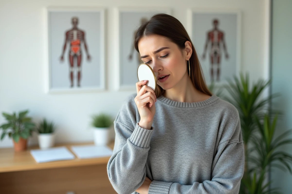 Femme inspectant l'intérieur de sa bouche avec un miroir pour détecter une tache blanche suspecte