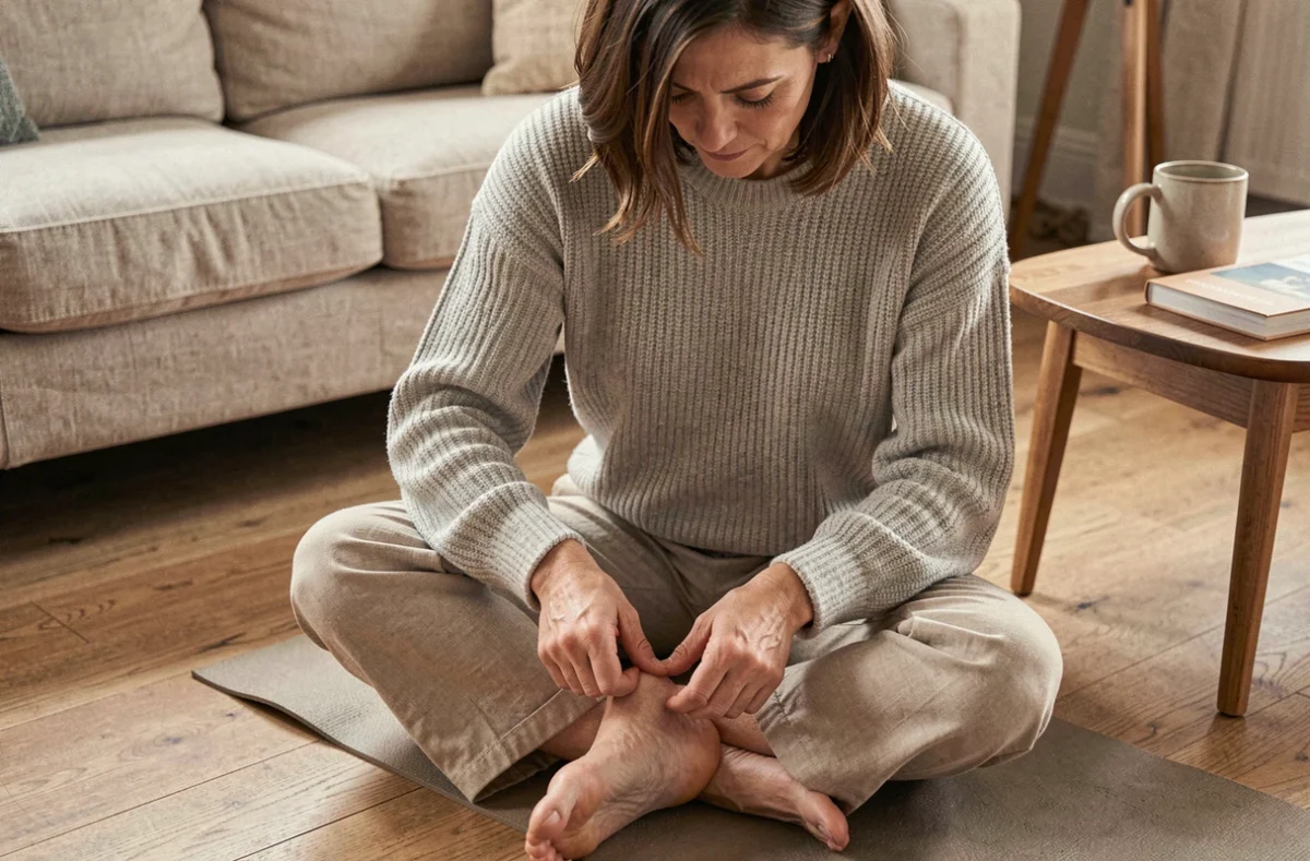 Femme pratiquant l'automassage de réflexologie plantaire chez elle sur un tapis de yoga
