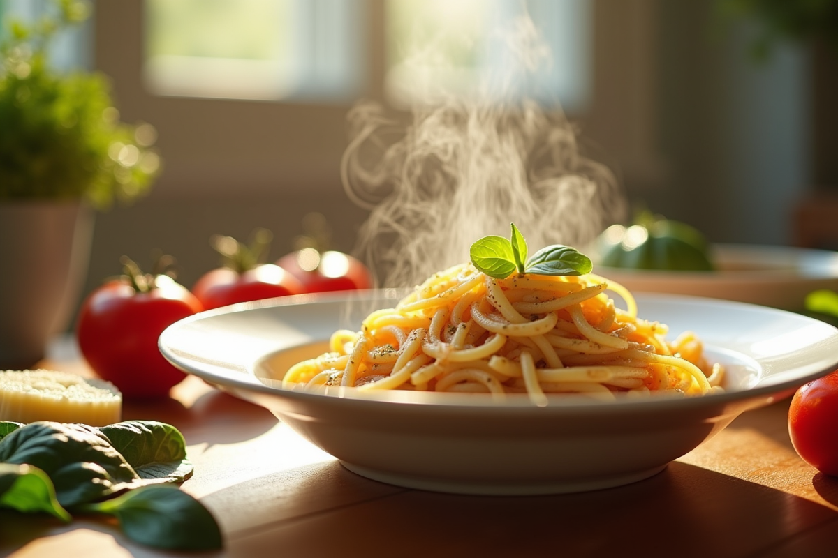Bol de pâtes avec légumes frais et parmesan