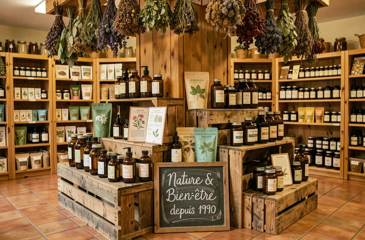 Coin de boutique de santé naturelle avec flacons en verre ambré, caisses en bois et ardoise écrite à la main évoquant l'héritage historique des compléments bio Boutique Nature depuis les années 90.