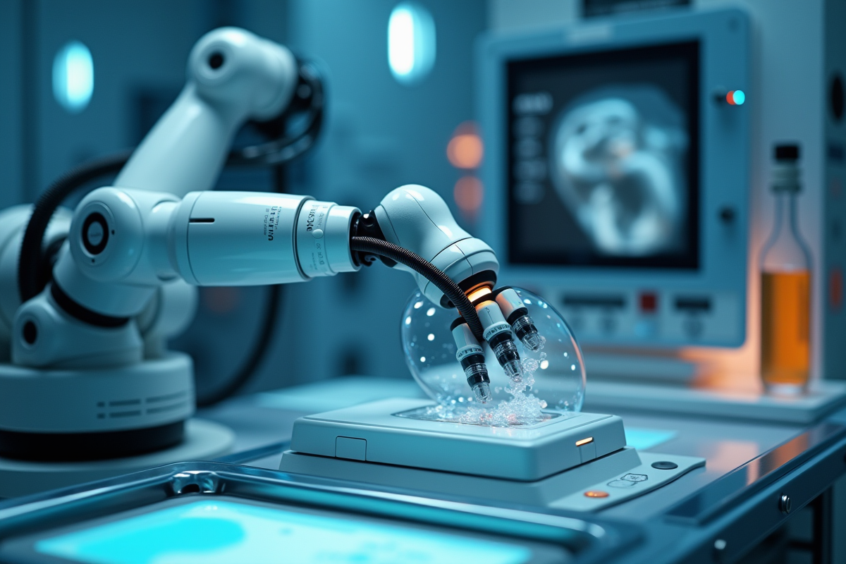 Bras robotique manipulant un échantillon biologique dans un laboratoire