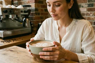 Femme tenant un bol de café au lait végétal à base de lait d'avoine dans un café cosy aux murs en brique