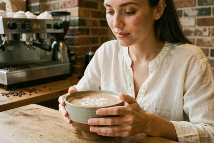 Femme tenant un bol de café au lait végétal à base de lait d'avoine dans un café cosy aux murs en brique