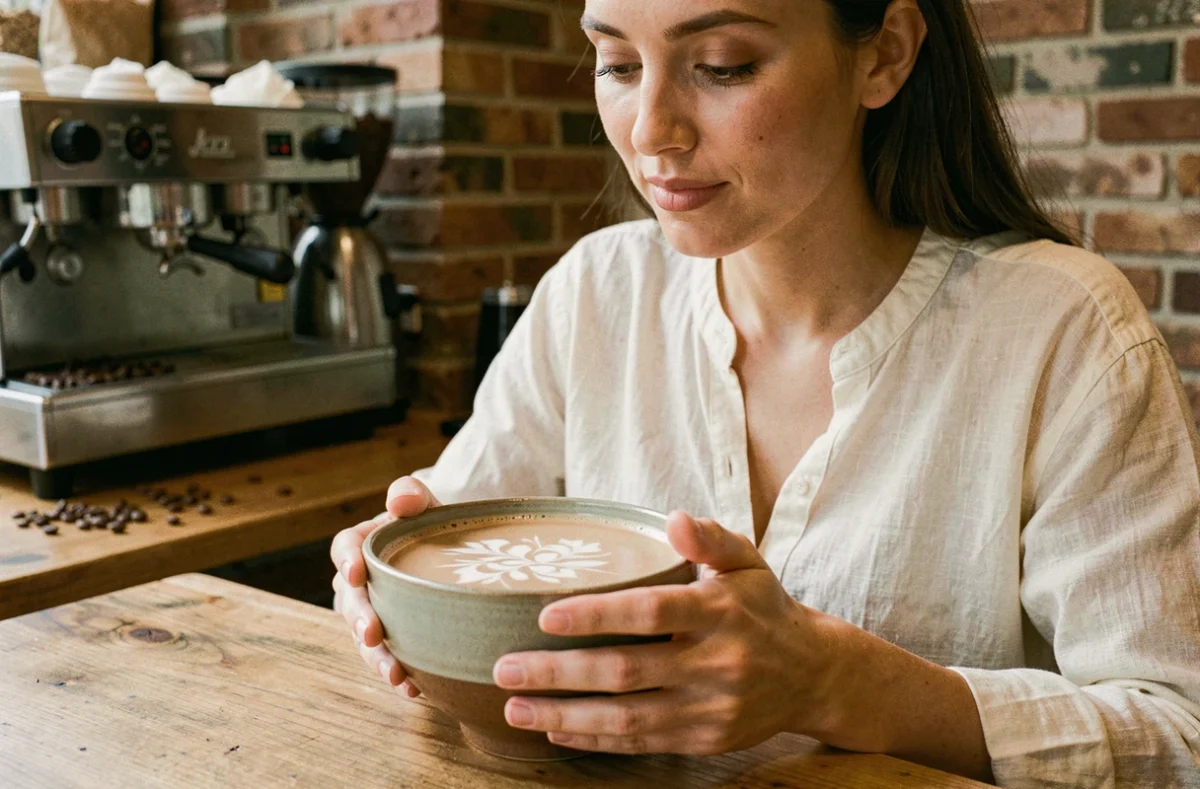 Femme tenant un bol de café au lait végétal à base de lait d'avoine dans un café cosy aux murs en brique