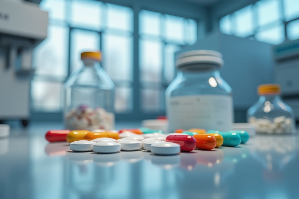 Capsules colorées et comprimés blancs sur un banc de laboratoire