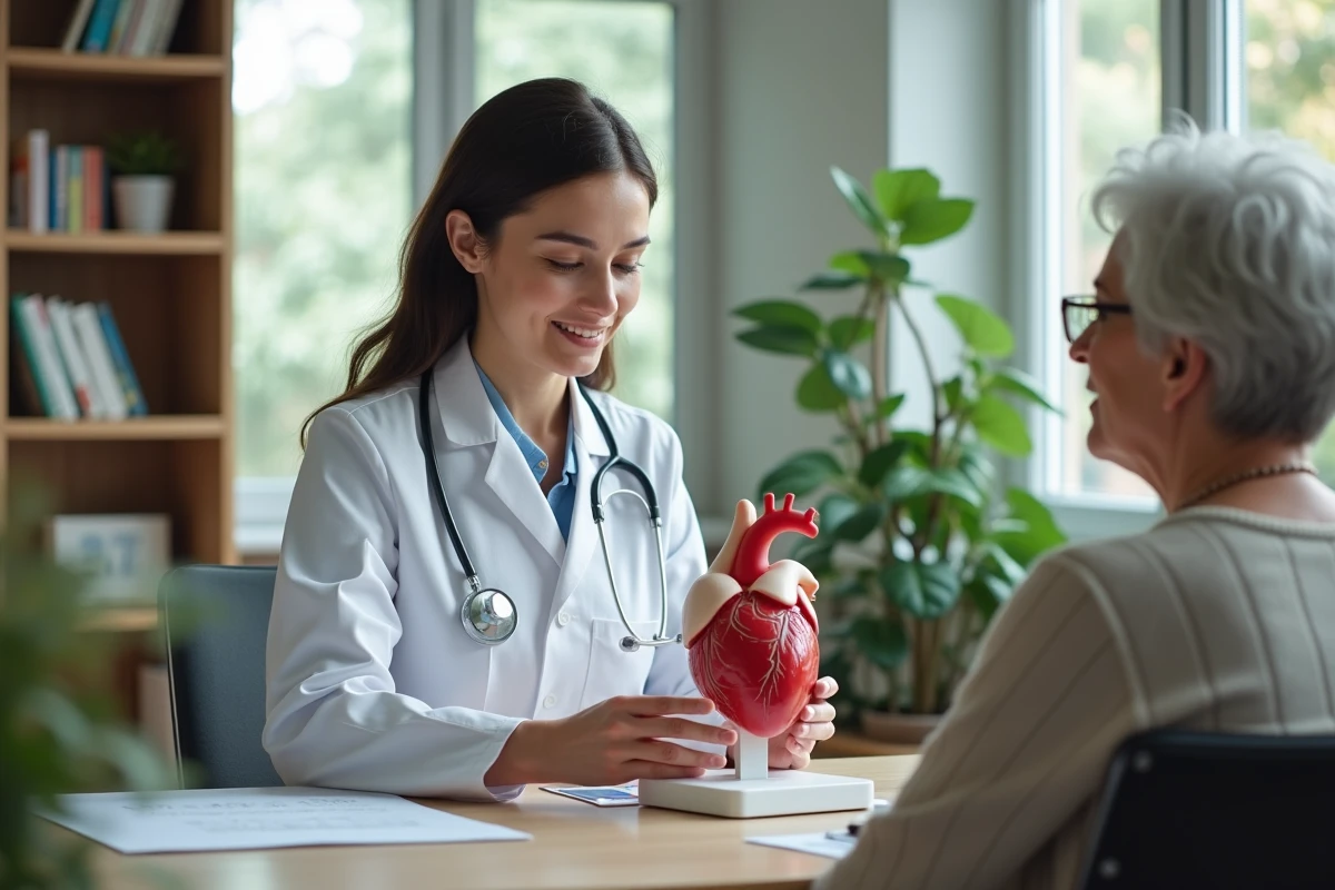 Cardiologue explique un modele de coeur a une senior