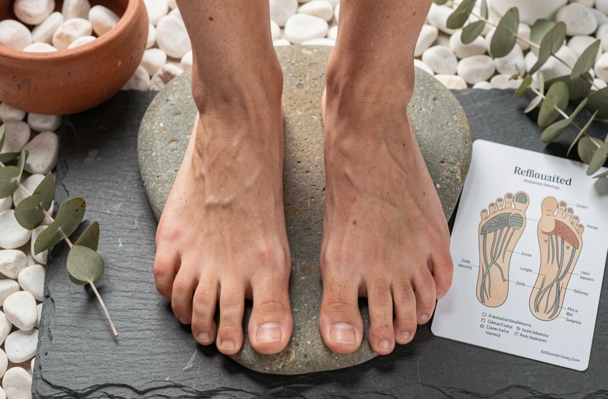 Gros plan de pieds nus avec une carte de réflexologie plantaire posée sur une table en ardoise dans un spa