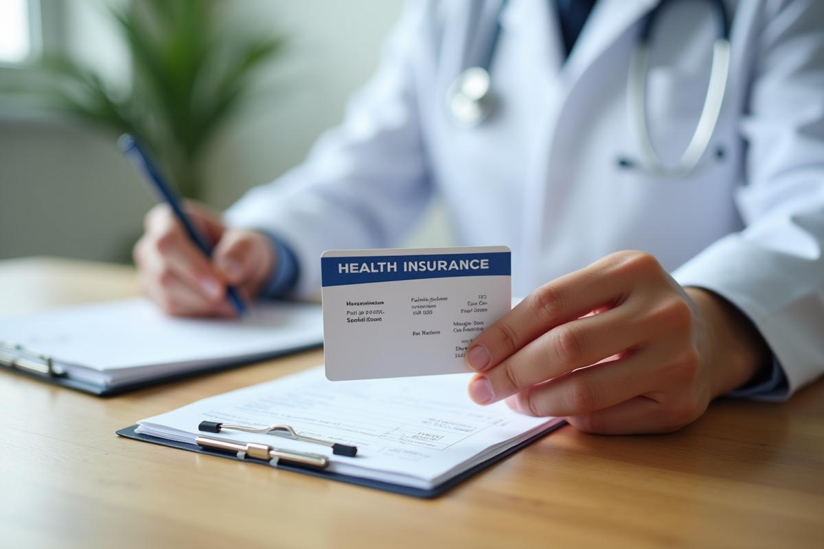 Gros plan sur carte santé et reçu médical sur table