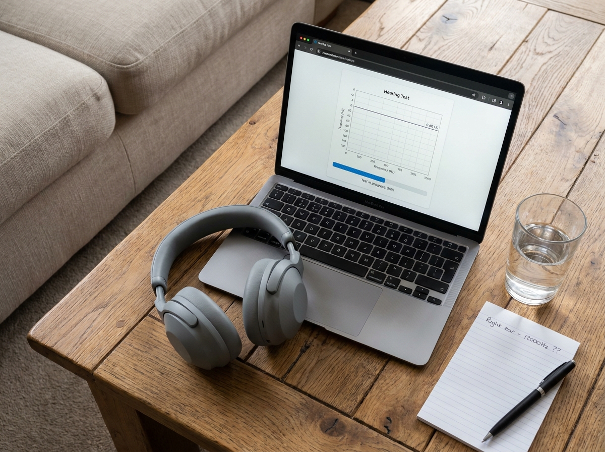 Casque audio posé sur un bureau à côté d'un ordinateur affichant un test auditif en ligne gratuit avec un audiogramme et une barre de progression