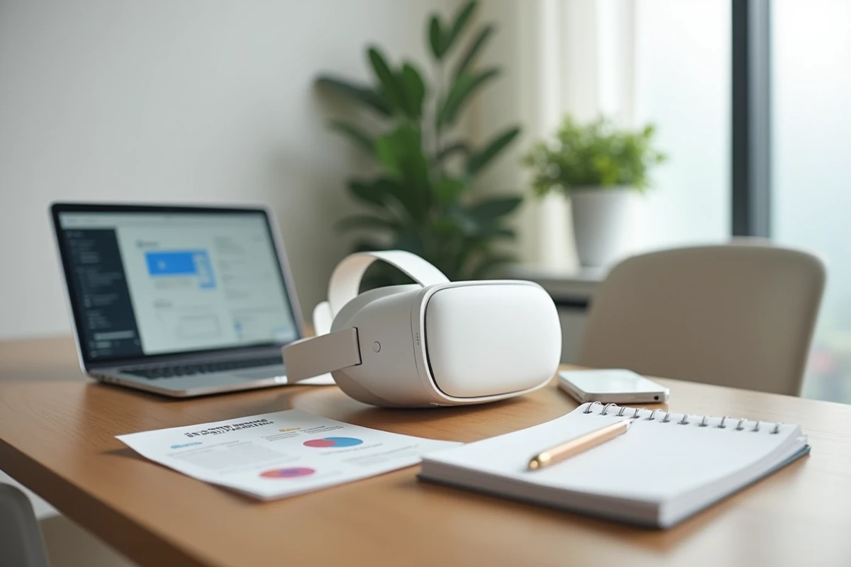 Casque de réalité virtuelle posé sur un bureau de cabinet thérapeutique avec brochure de prix accessible