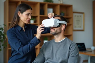 Thérapeute aidant un patient à enfiler un casque de réalité virtuelle thérapeutique dans un petit cabinet libéral