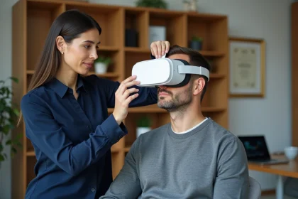 Thérapeute aidant un patient à enfiler un casque de réalité virtuelle thérapeutique dans un petit cabinet libéral