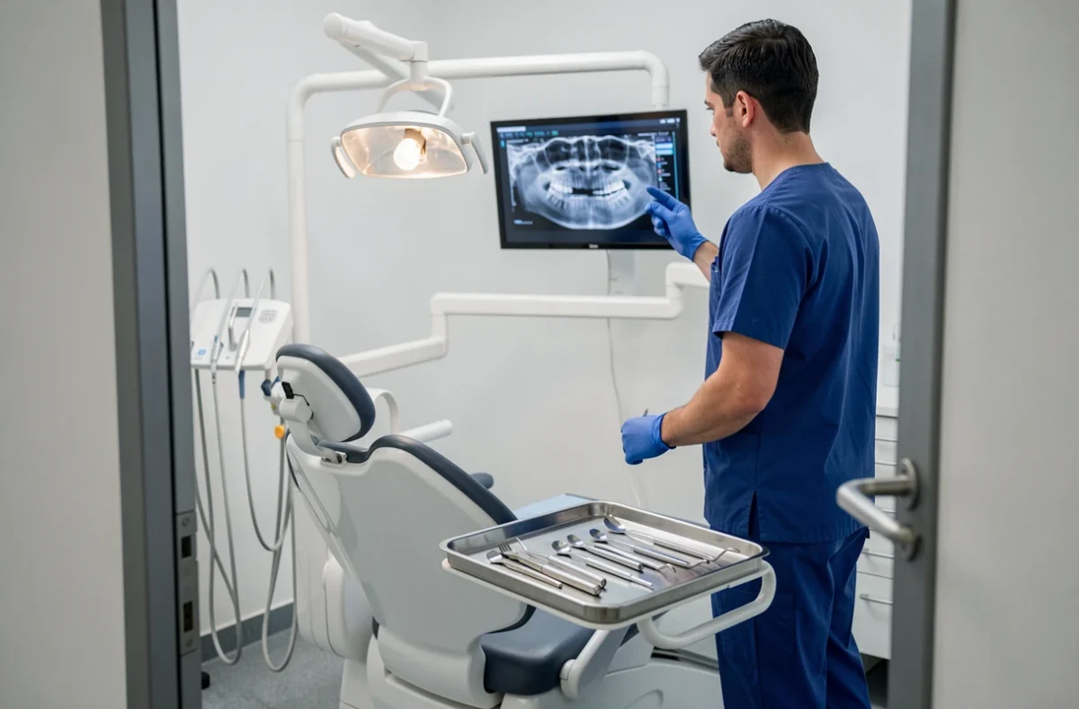 Salle de soins du Centre Dentaire Toulouse Bayard Dentylis avec équipements modernes et praticien en consultation