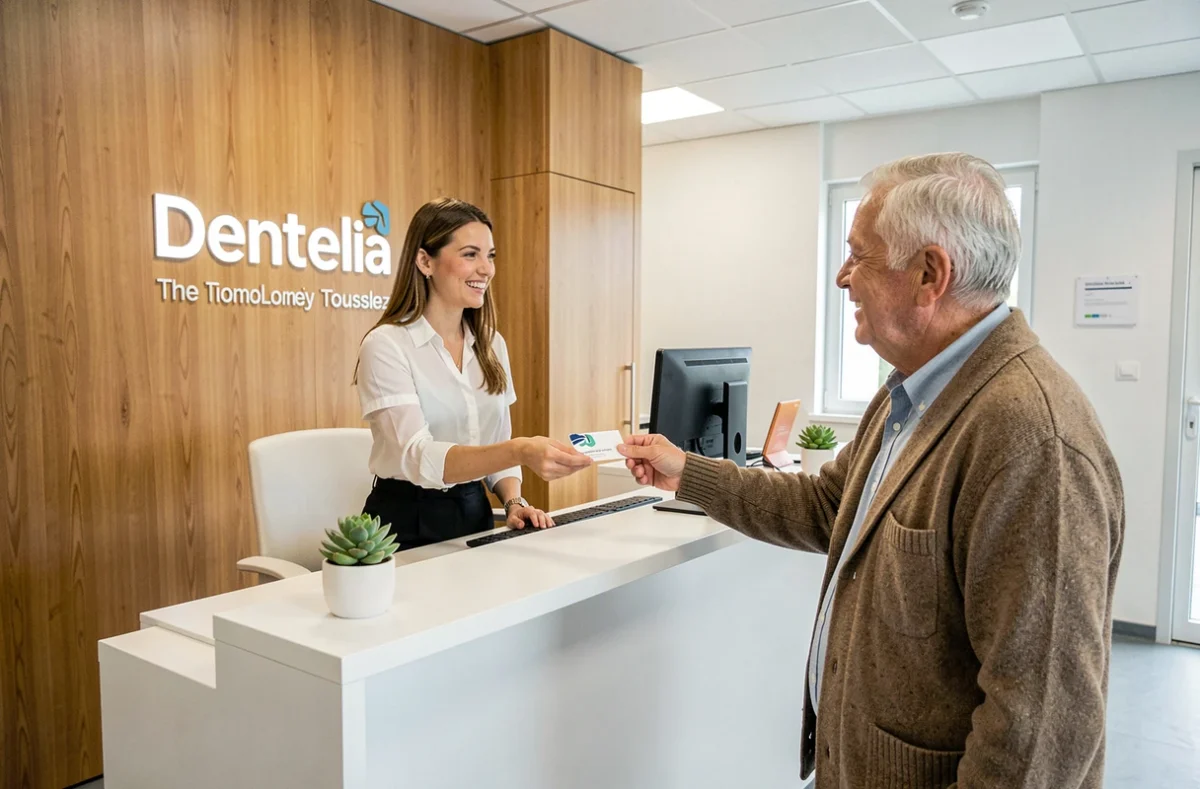 Accueil du Centre Dentaire Toulouse Lombez Dentelia avec réceptionniste et patient âgé