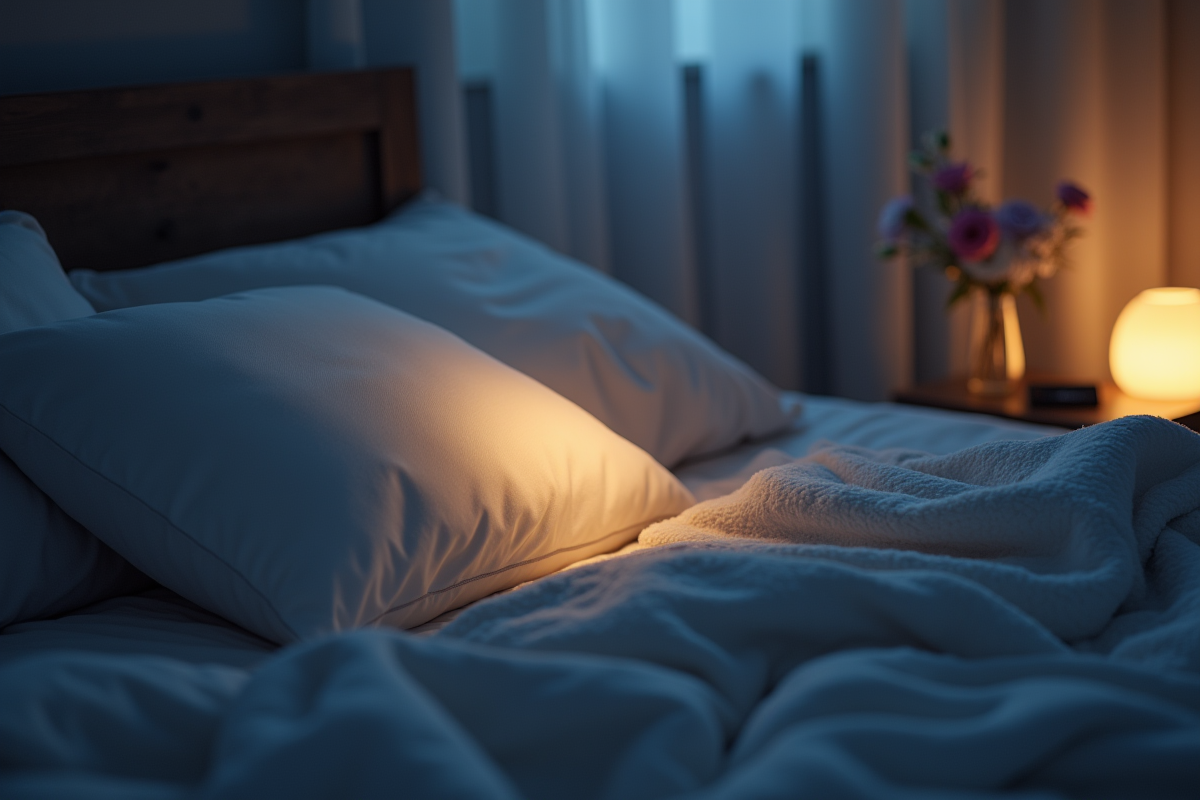 Chambre apaisante la nuit avec oreiller de maternité et veilleuse douce