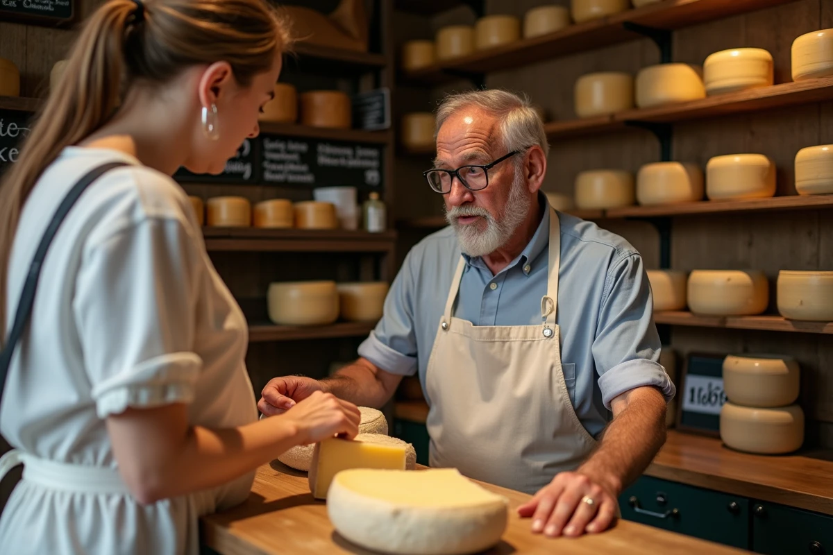Fromager pr&eacute;sente des morceaux de parmesan &agrave; une femme enceinte