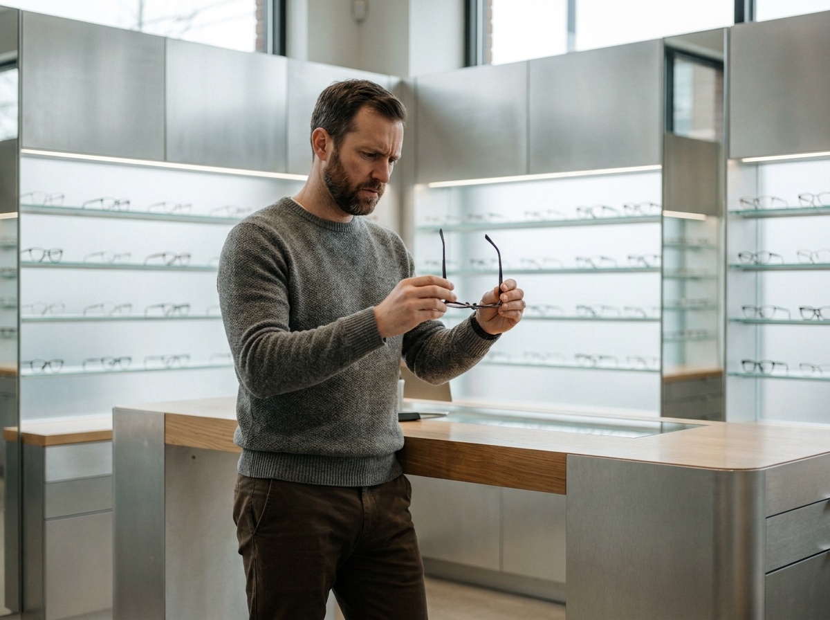 Homme comparant deux paires de lunettes dans un magasin d'optique minimaliste