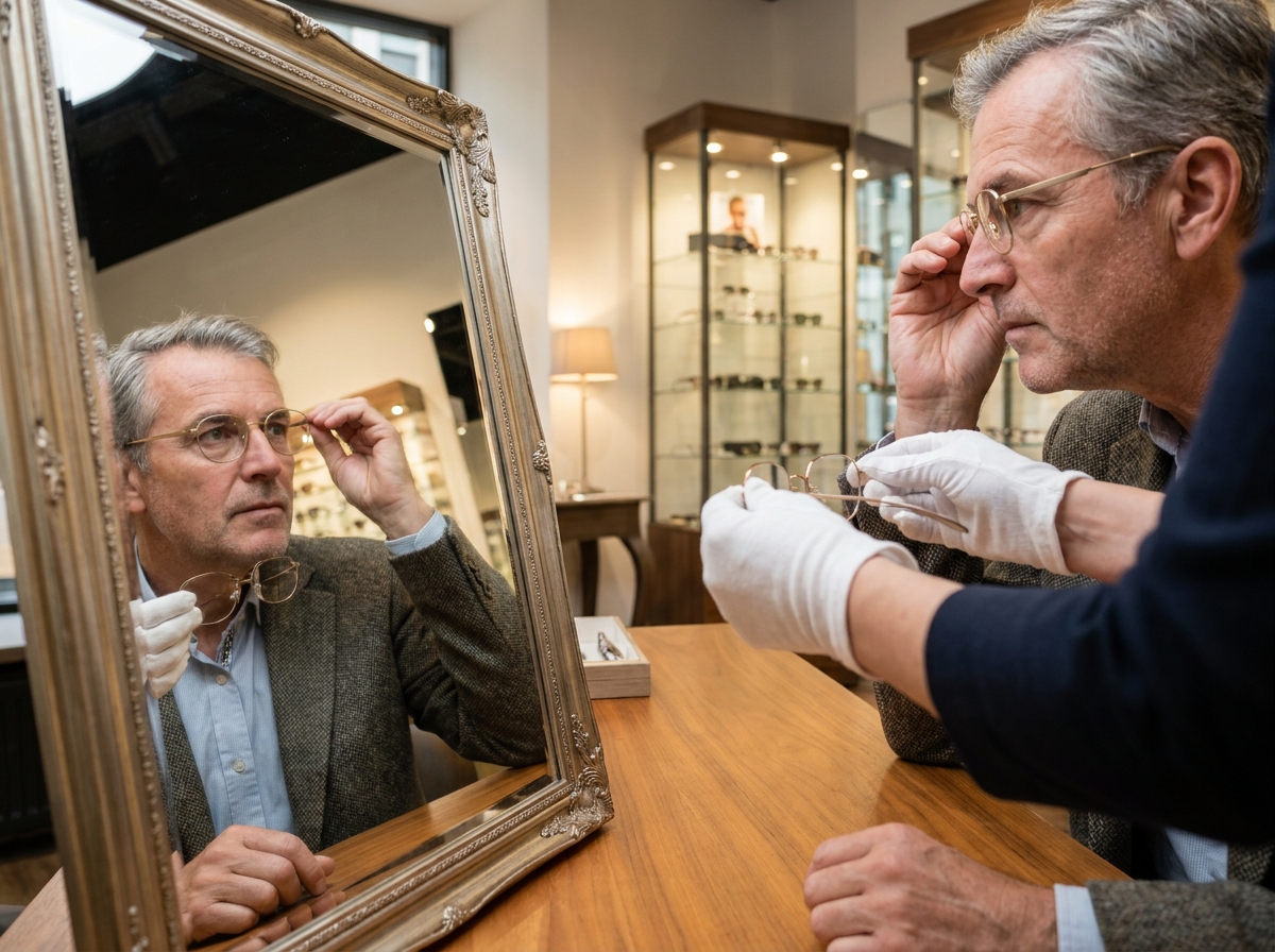 Client essayant des lunettes devant un miroir dans un magasin d'optique avec un opticien en arrière-plan
