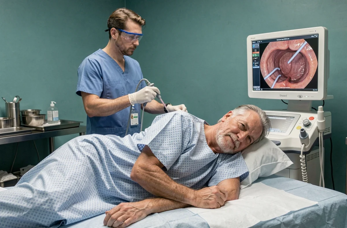 Patient allongé pendant une coloscopie réalisée pour surveiller une diverticulite du côlon