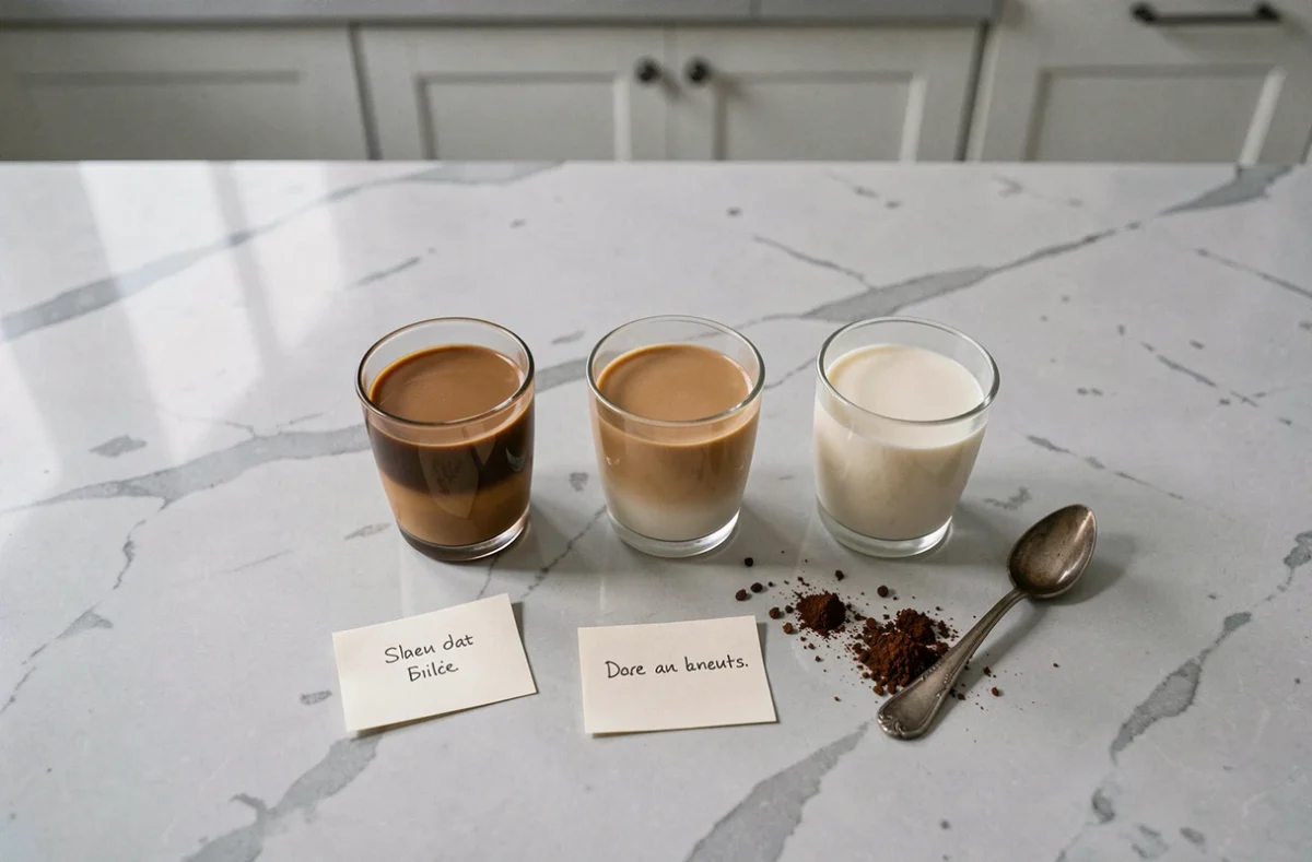 Comparaison de cafés au lait végétaux en verres sur marbre blanc avec lait d'avoine, d'amande et de soja