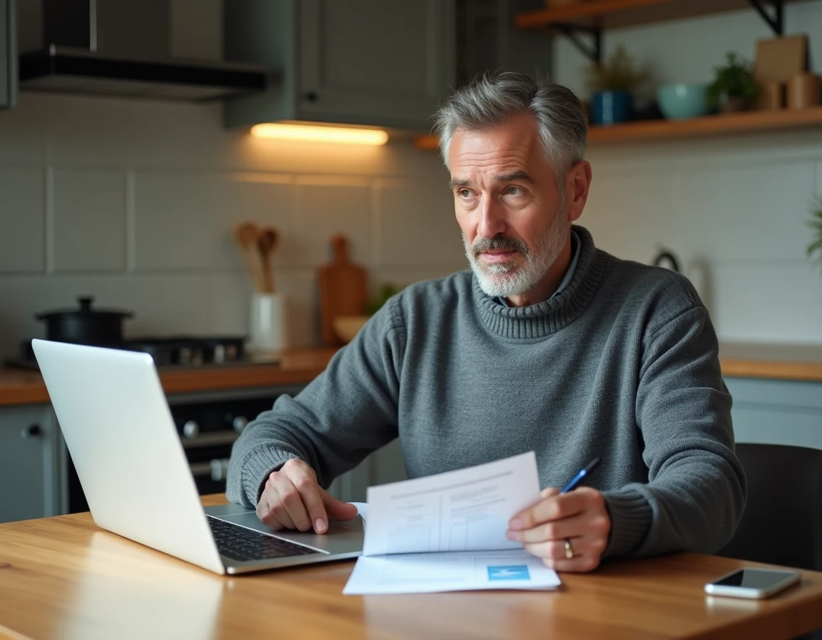 Homme comparant des offres d'assurance ECA sur ordinateur dans une cuisine familiale