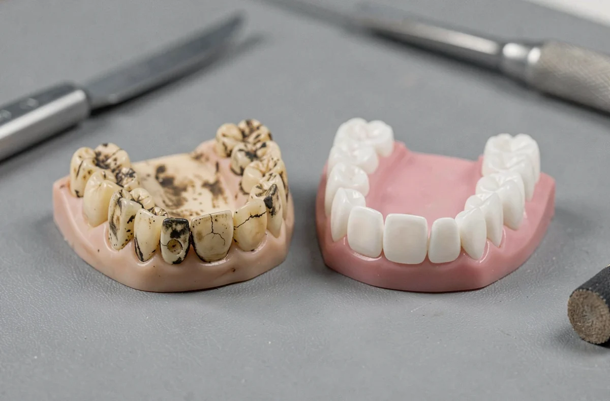 Comparaison entre dents en résine Capdentaire usées et prothèse réparée restaurée posées sur paillasse de laboratoire dentaire