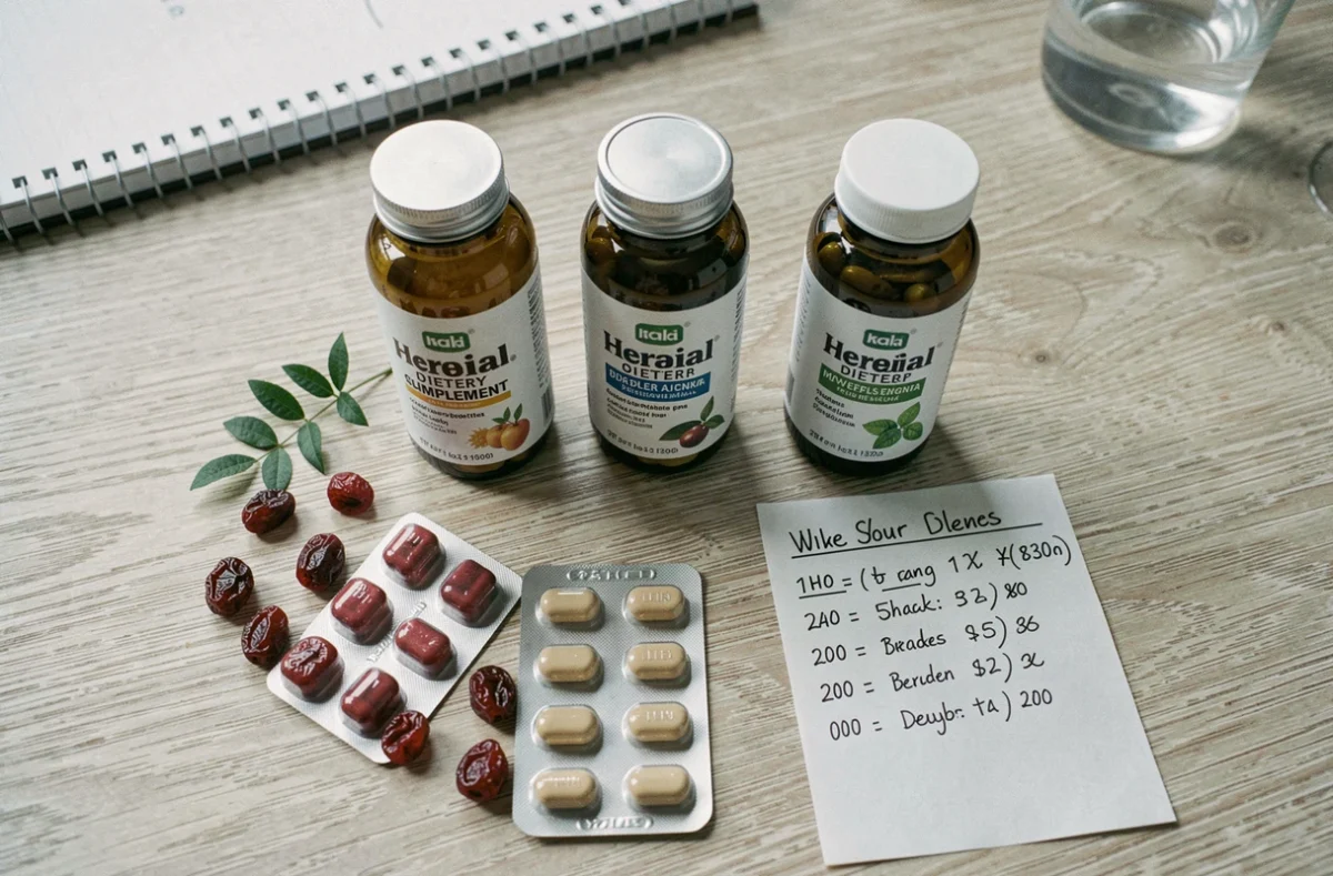 Vue de dessus de plusieurs compléments alimentaires pour la santé urinaire comparés avec une fiche prix manuscrite
