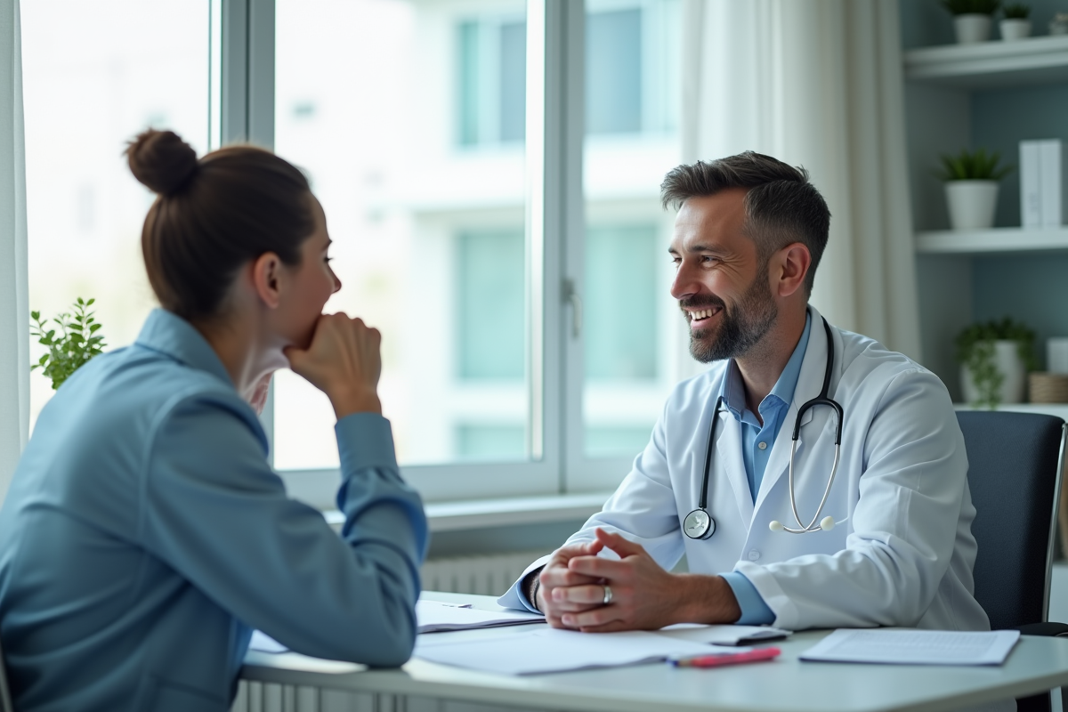 Médecin parlant à un patient dans un cabinet médical accueillant