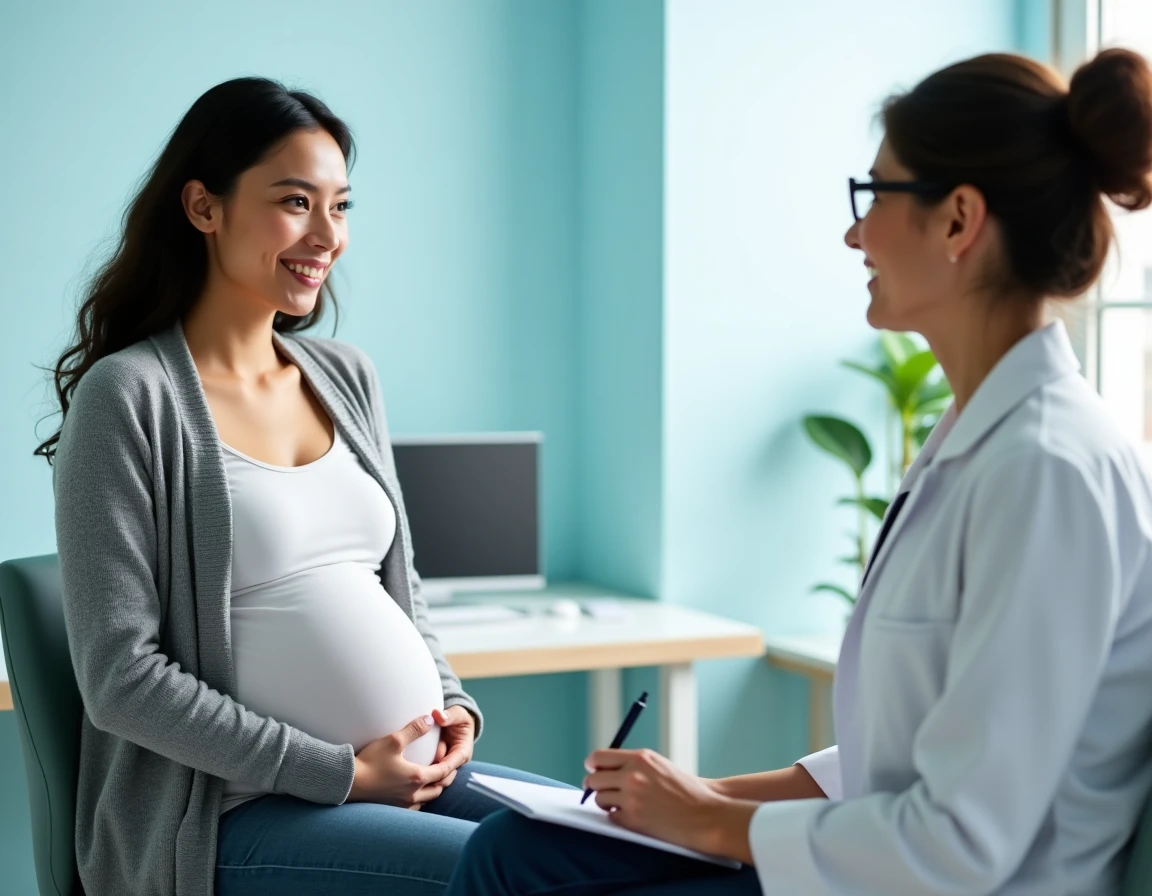 Femme enceinte en consultation médicale avec une gynécologue dans un cabinet, discussion rassurante