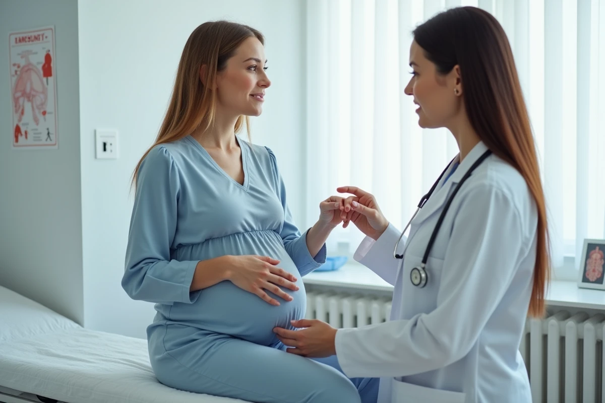 Consultation médicale d'une femme enceinte montrant sa main gauche à une gynécologue, contexte médical des démangeaisons pendant la grossesse