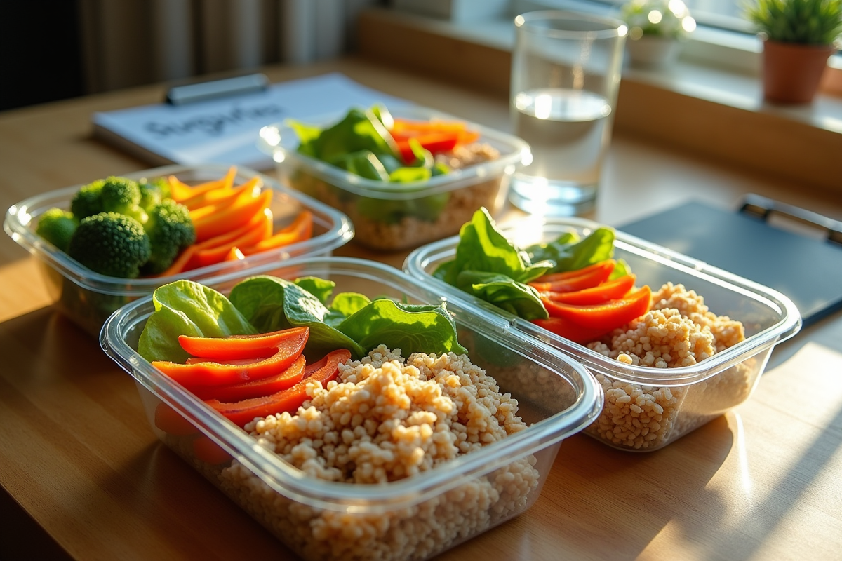Assortiment de contenants repas sains avec légumes et protéines