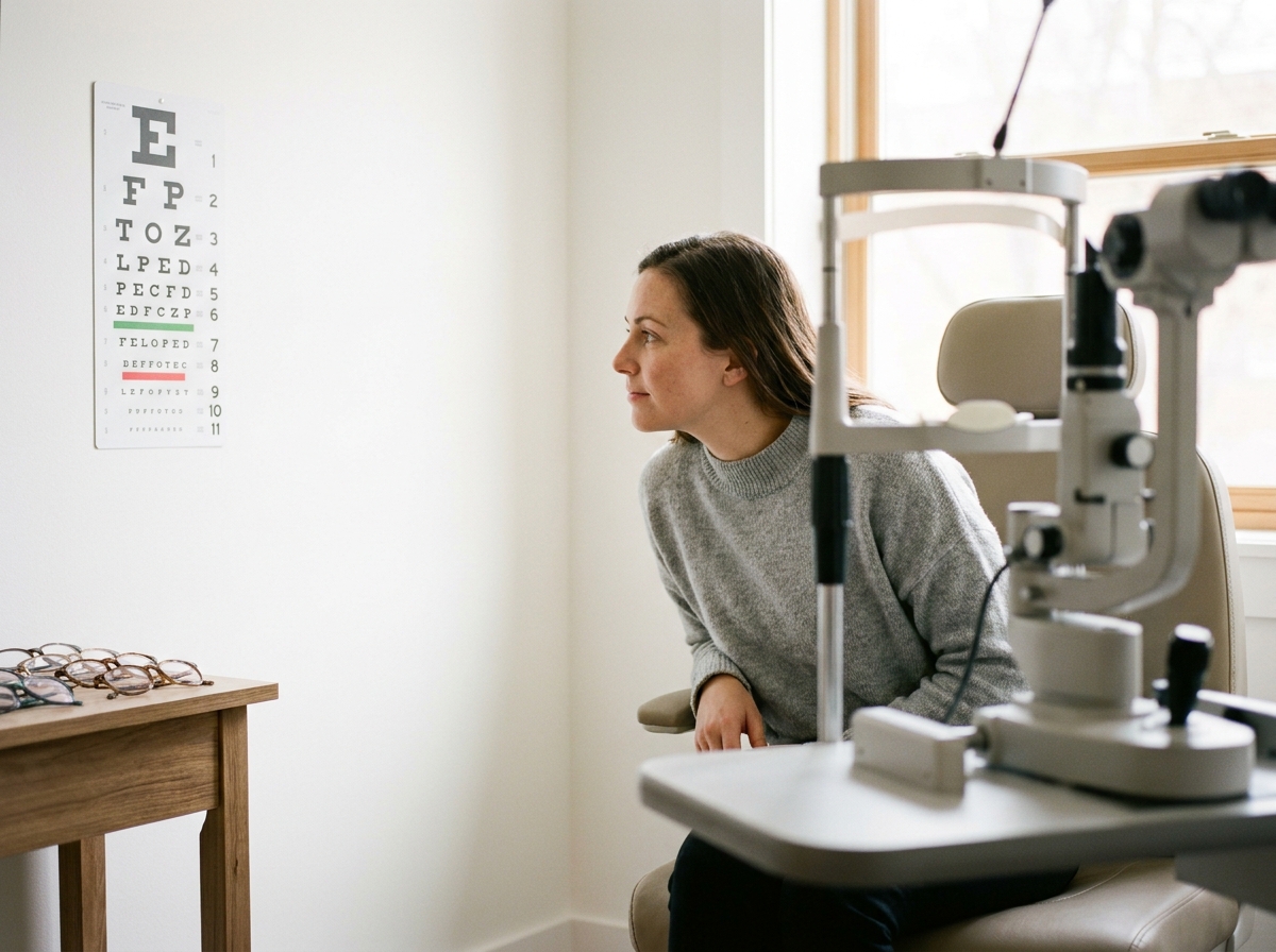 Femme passant un contrôle de la vue chez un ophtalmologue, lisant un tableau optométrique dans un cabinet moderne