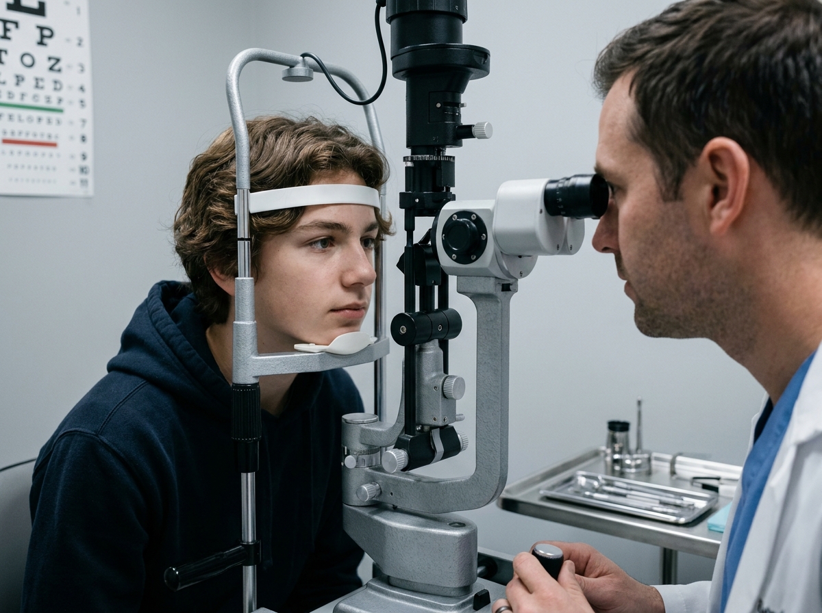 Adolescent passant un contrôle ophtalmologique approfondi à la lampe à fente chez un opticien spécialisé