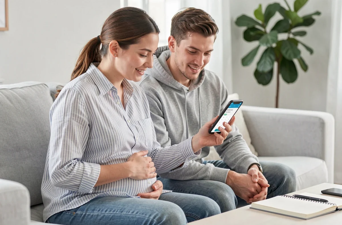 Couple attendant un bébé qui consulte ensemble une application de calcul de date de terme sur smartphone dans leur salon