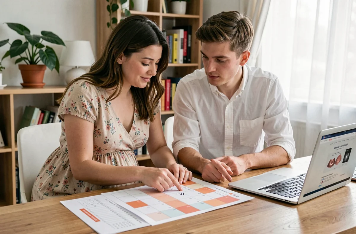 Couple consultant un calendrier gestationnel et un compte-rendu d'échographie pour interpréter la DPA