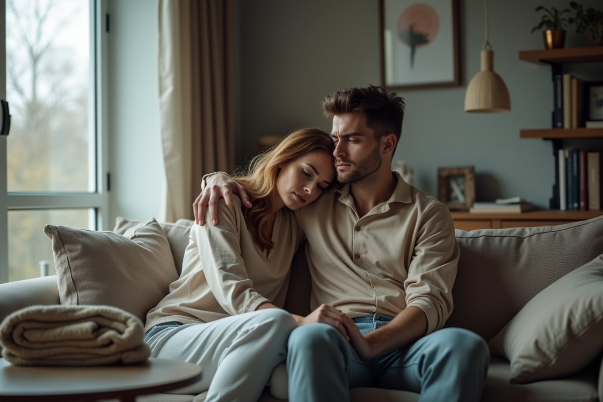 Couple assis sur un canapé dans un salon lumineux