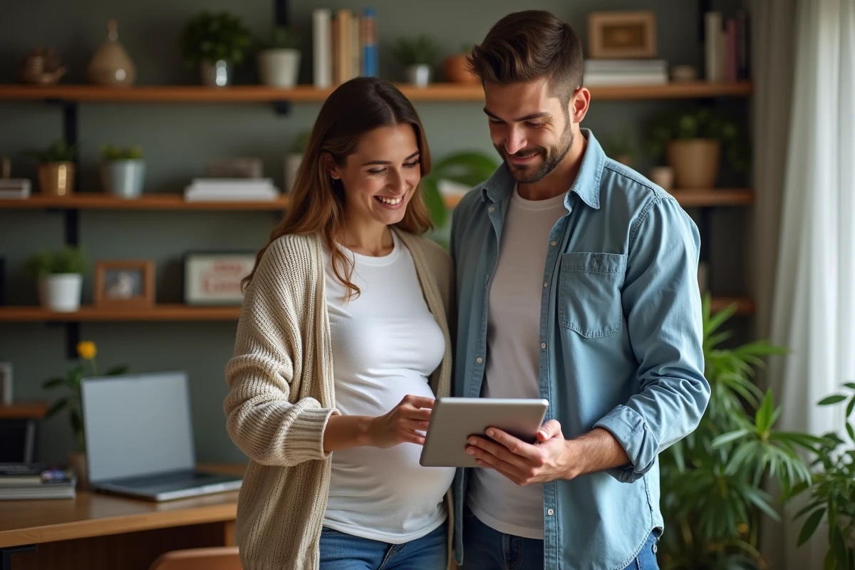 Couple regardant une application grossesse sur tablette