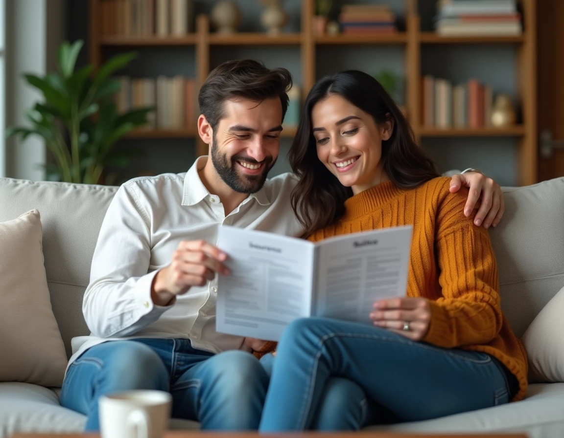 Couple examinant ensemble une brochure d'assurance ECA dans un salon confortable