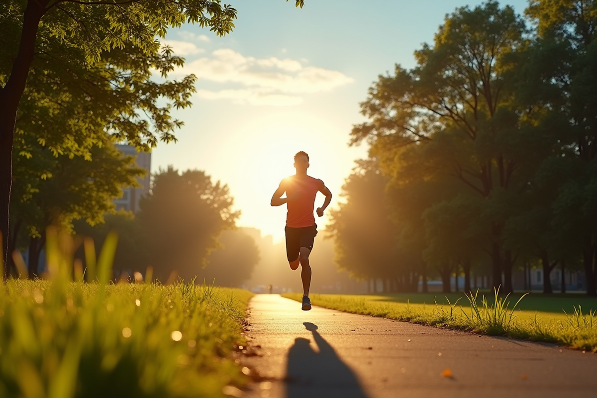 Personne sportive courant dans un parc au lever du soleil
