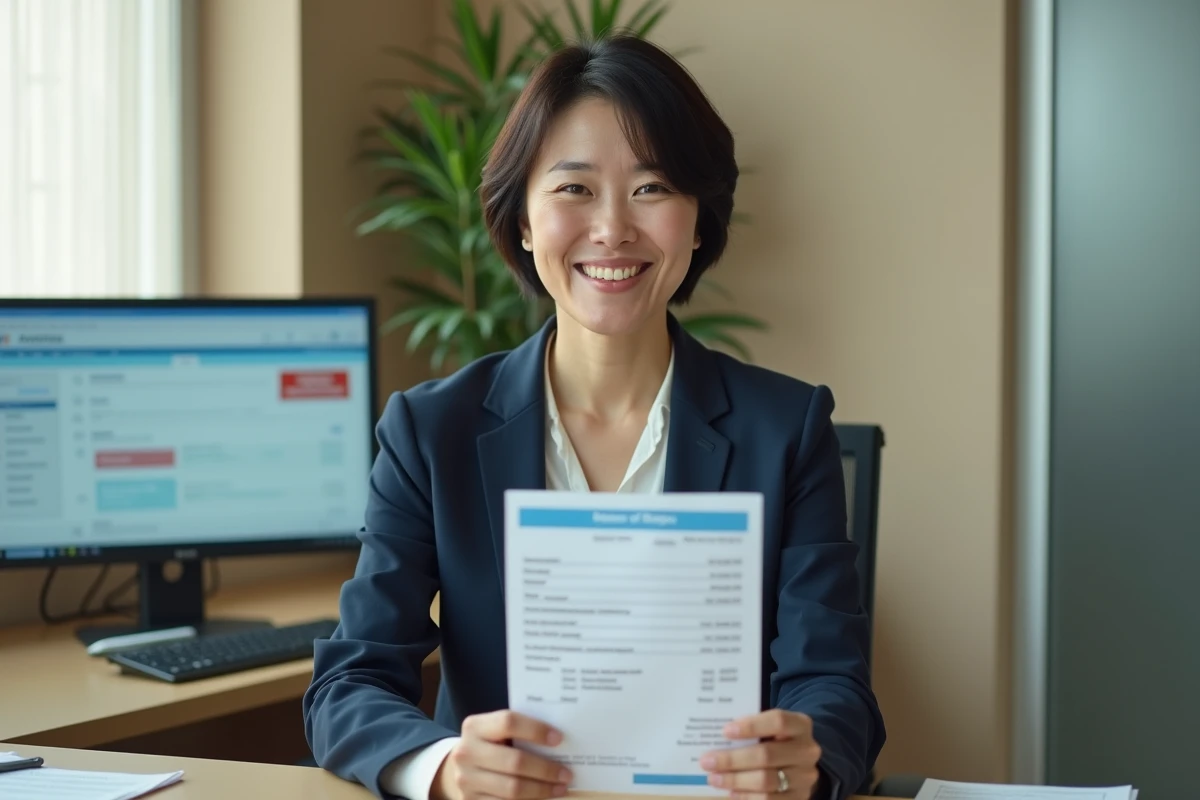 Administratrice hospitalière examinant une facture de scanner TEP dans un bureau de gestion médicale
