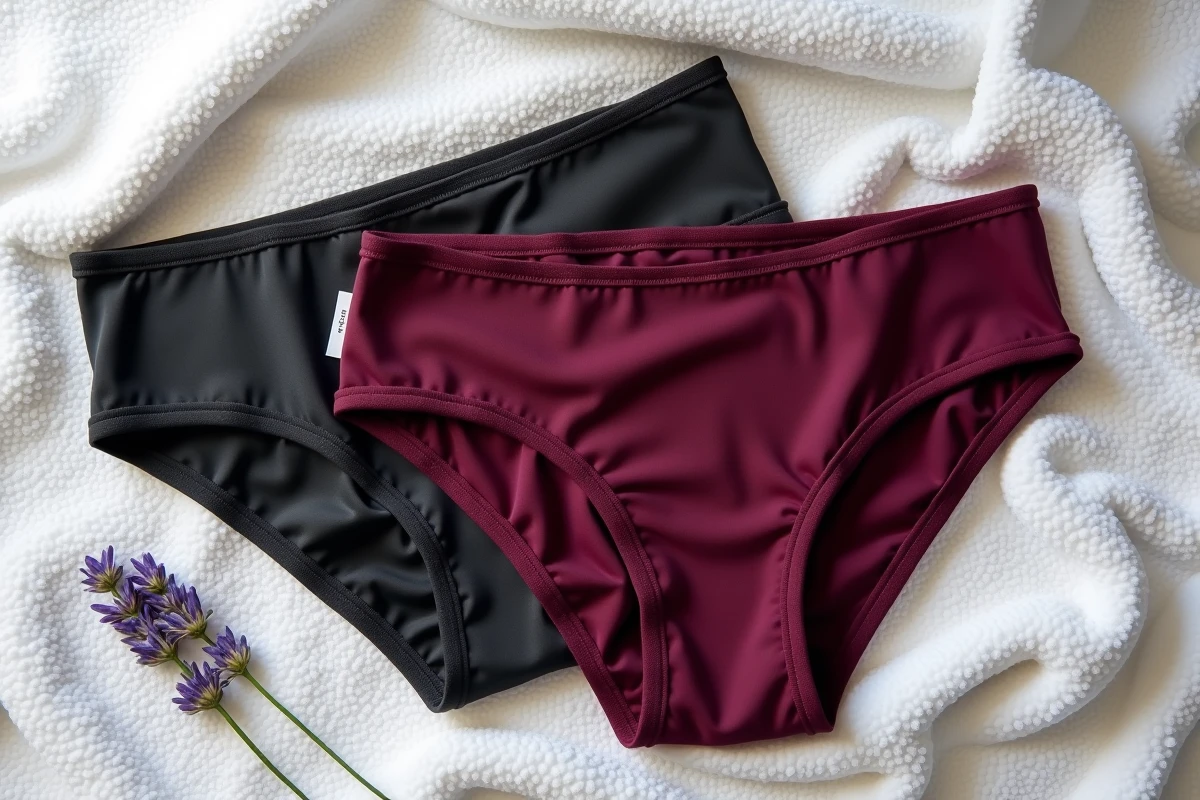Vue de dessus de deux culottes menstruelles anthracite et bordeaux posées sur une surface en éponge blanche, détail des coutures et matières