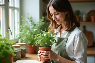 Femme débutante en phytothérapie tenant un pot de plante médicinale dans une cuisine naturelle avec des herbes séchées