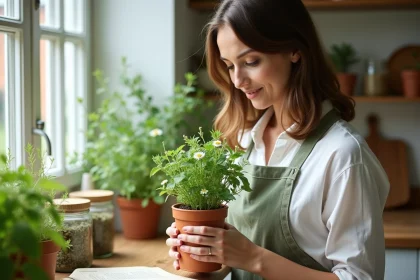 Femme débutante en phytothérapie tenant un pot de plante médicinale dans une cuisine naturelle avec des herbes séchées
